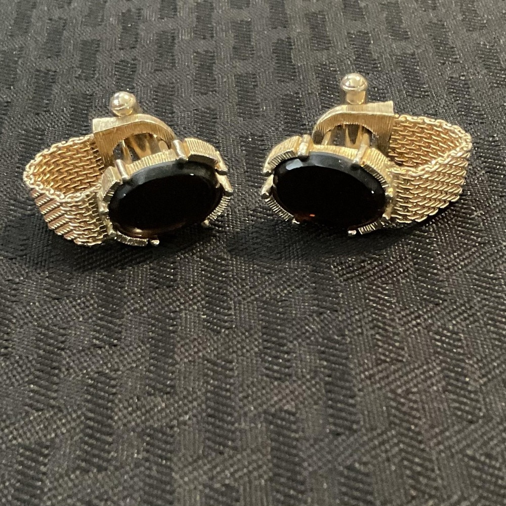 Vintage Swank Gold Tone Mesh Cufflinks Mens Brown Oval Stone Adjustable Locking